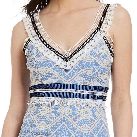 GIANNI BINI Mona Tiered Crochet Lace Blue & White Midi Dress - Picture 4 of 15
